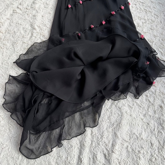 ICE Rosette Floral Slip Dress Beaded Ruffle Asymmetric Hem Cocktail Formal M - Picture 8 of 14